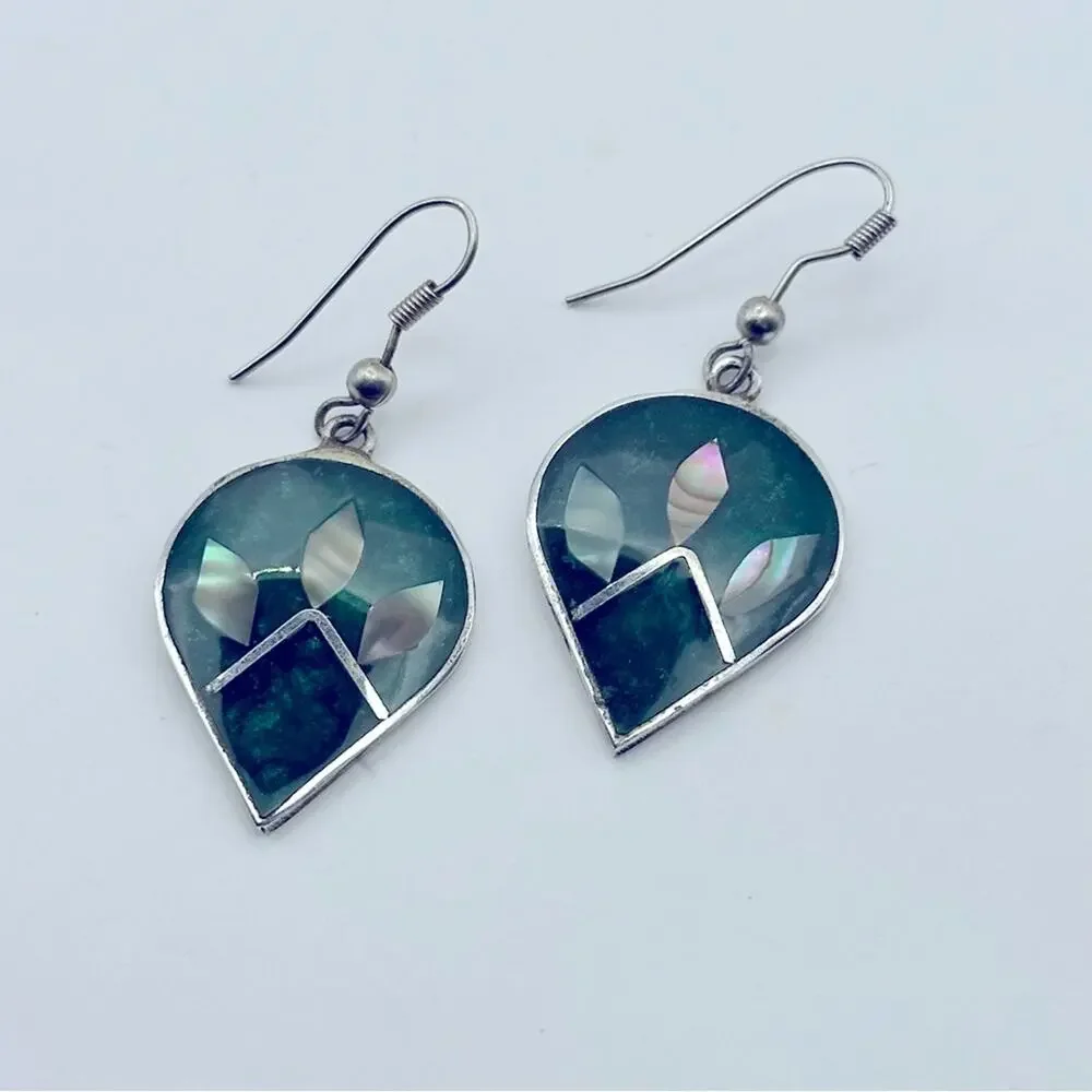 Mexico Alpaca Silver Dangle Earrings Floral Abalone Shell Inlay Casual Jewelry